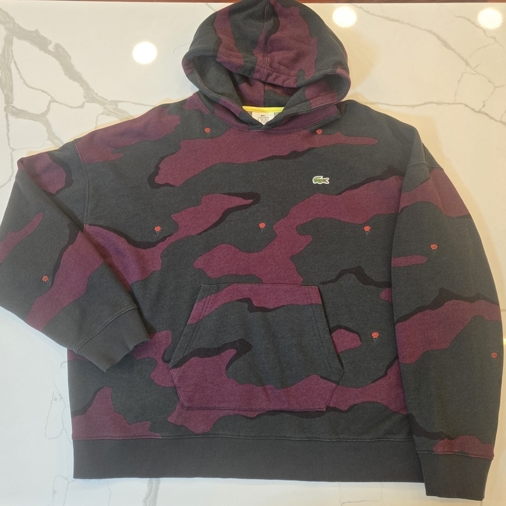 Lacoste Rosebud Camo Embroidered Pullover Hoodie Purple Gray Mens 3XL